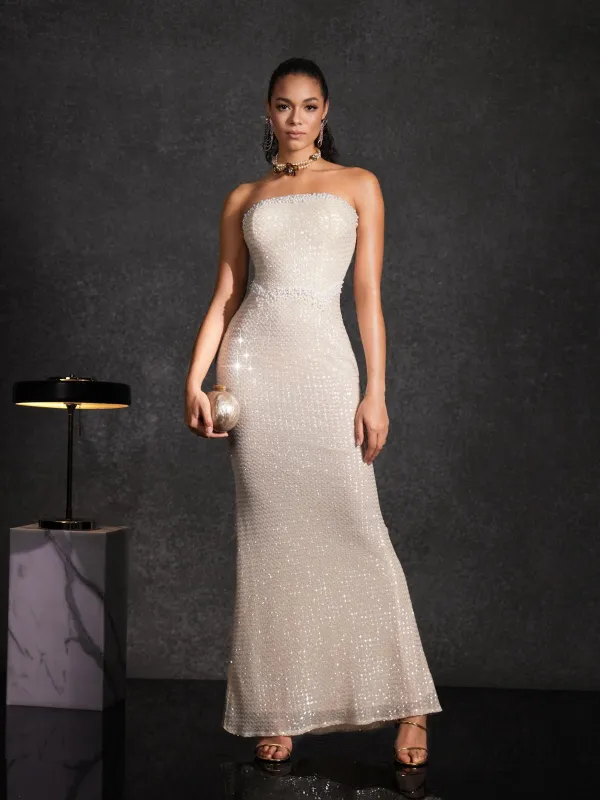 Beata Strapless Pearl Sequin Maxi Dress sold by Mew Mews