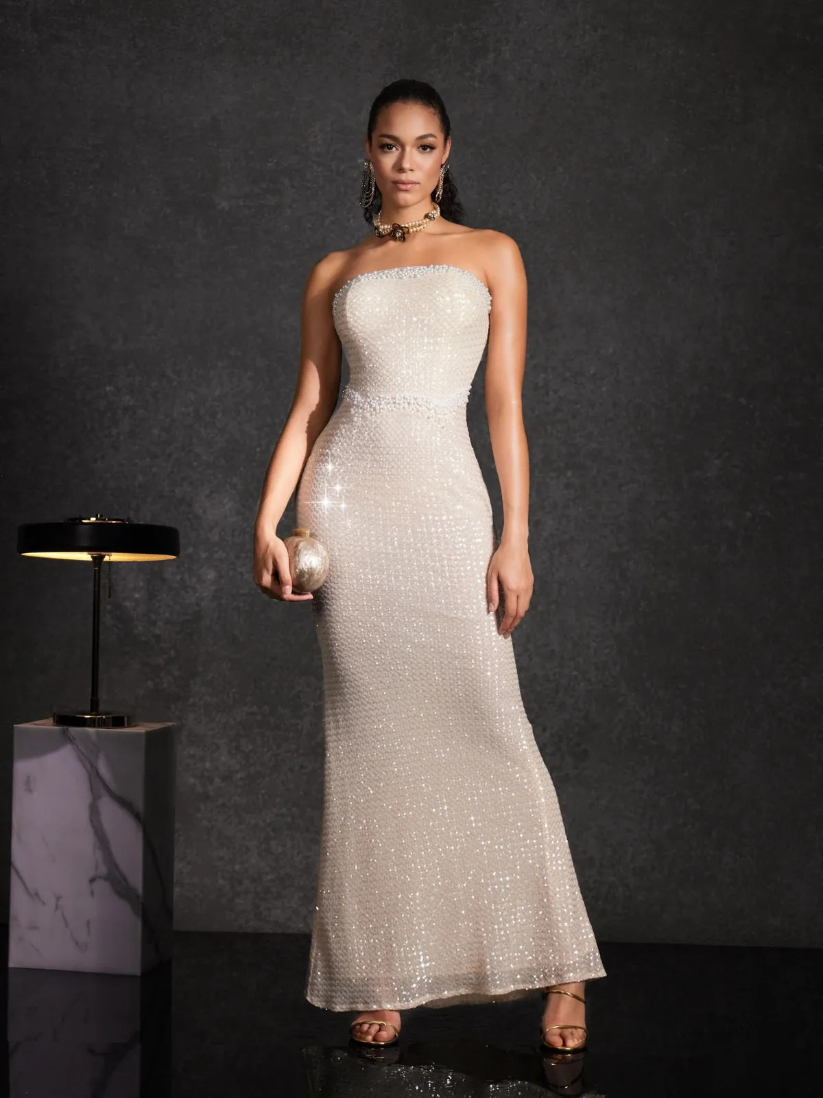 Beata Strapless Pearl Sequin Maxi Dress sold by Mew Mews