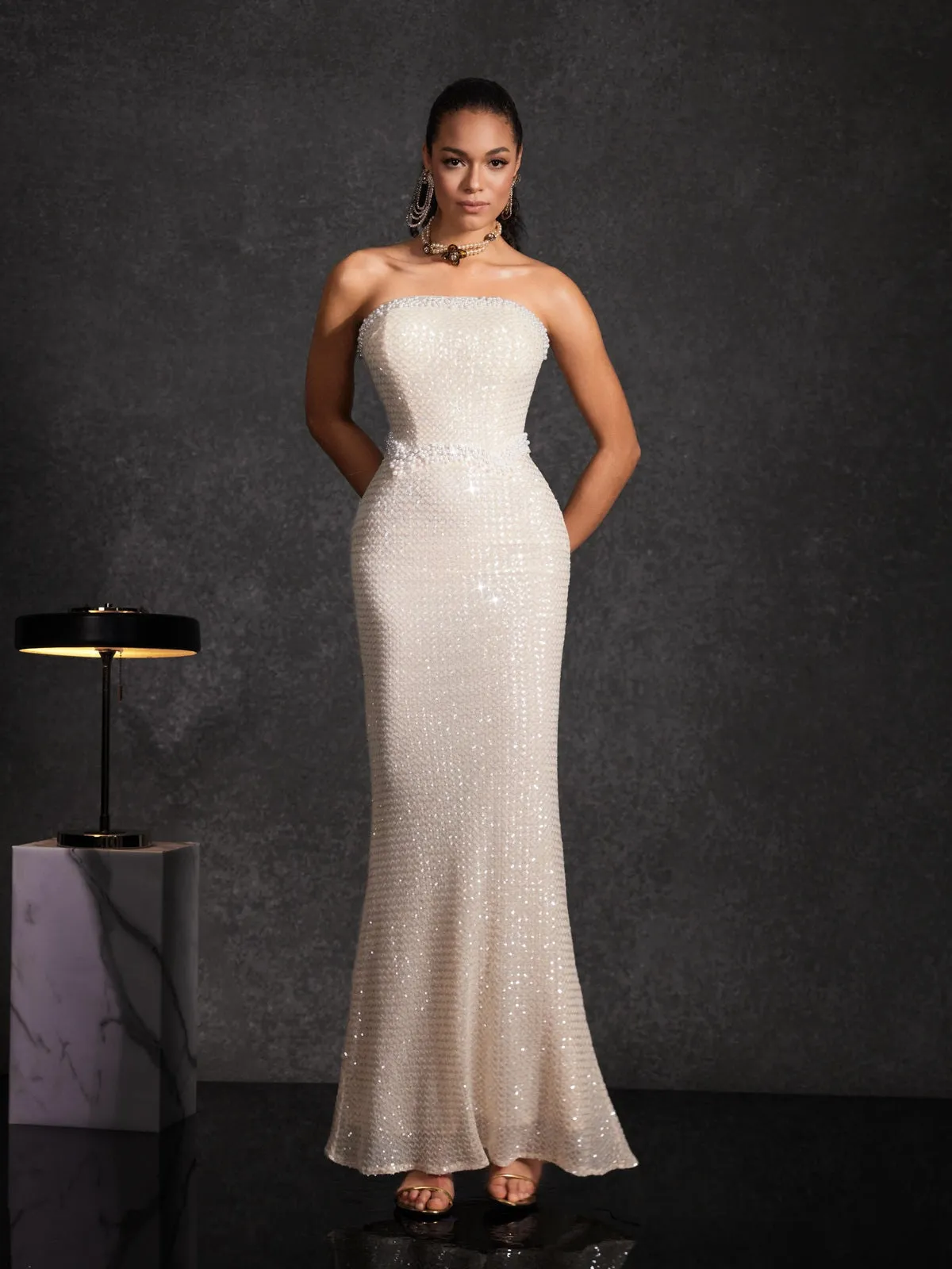 Beata Strapless Pearl Sequin Maxi Dress sold by Mew Mews product image thumbnail 3