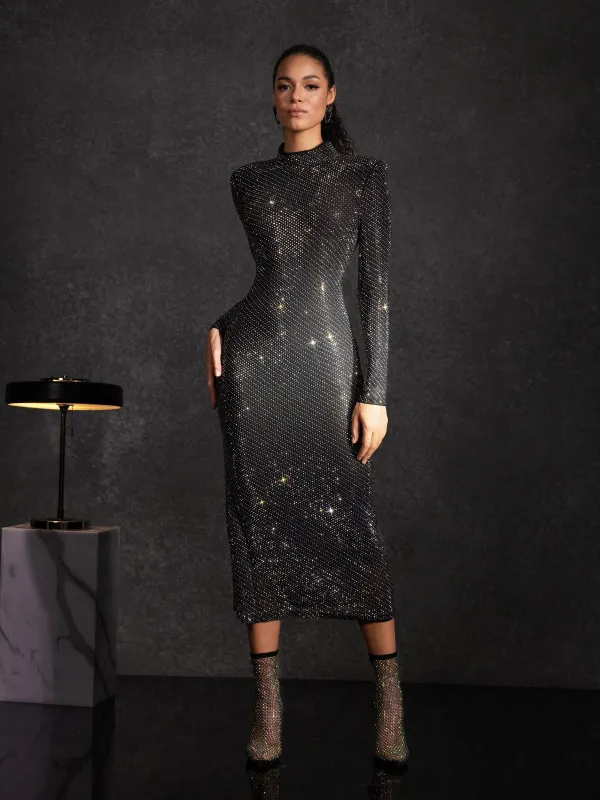 Becka Long Sleeve Rhinestone Midi Dress sold by Mew Mews