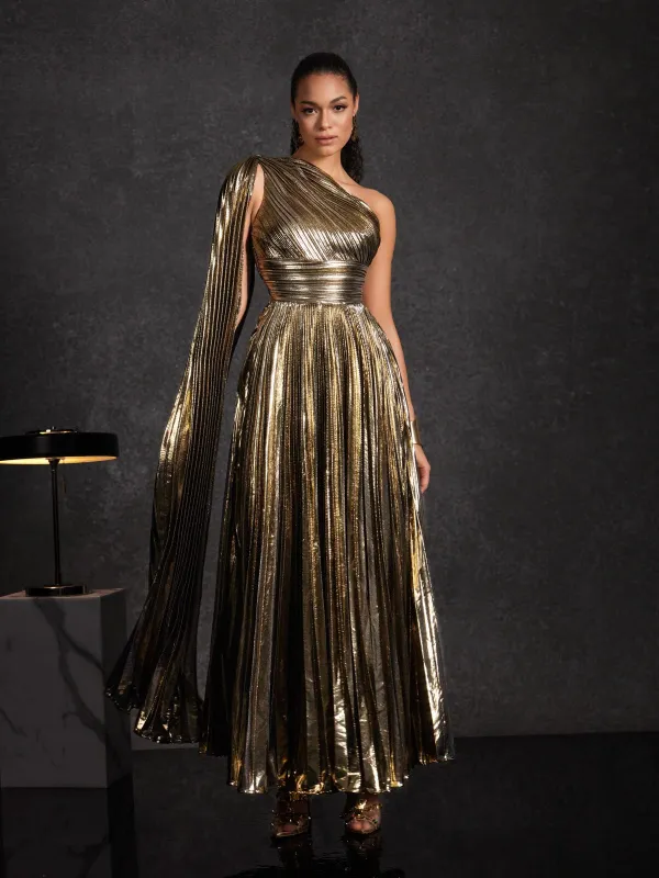 Kaleen One Shoulder Pleated Metallic Dress sold by Mew Mews