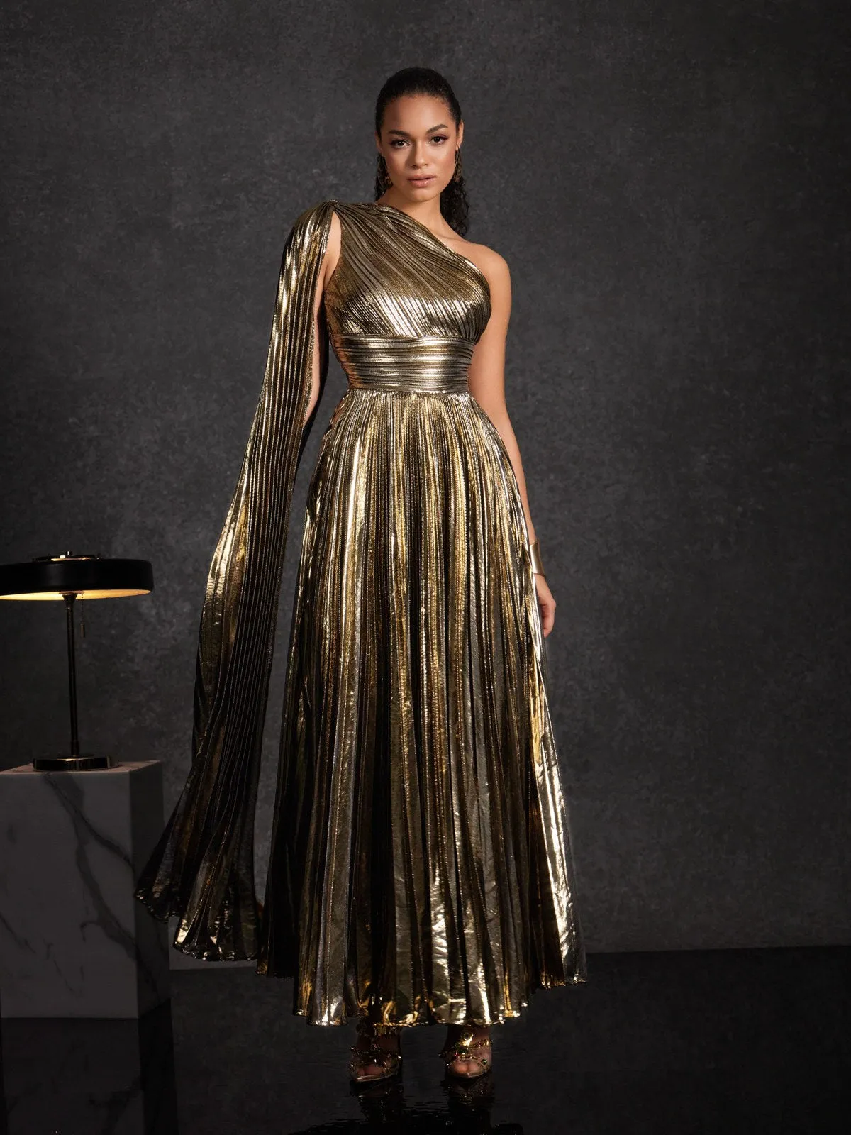 Kaleen One Shoulder Pleated Metallic Dress sold by Mew Mews