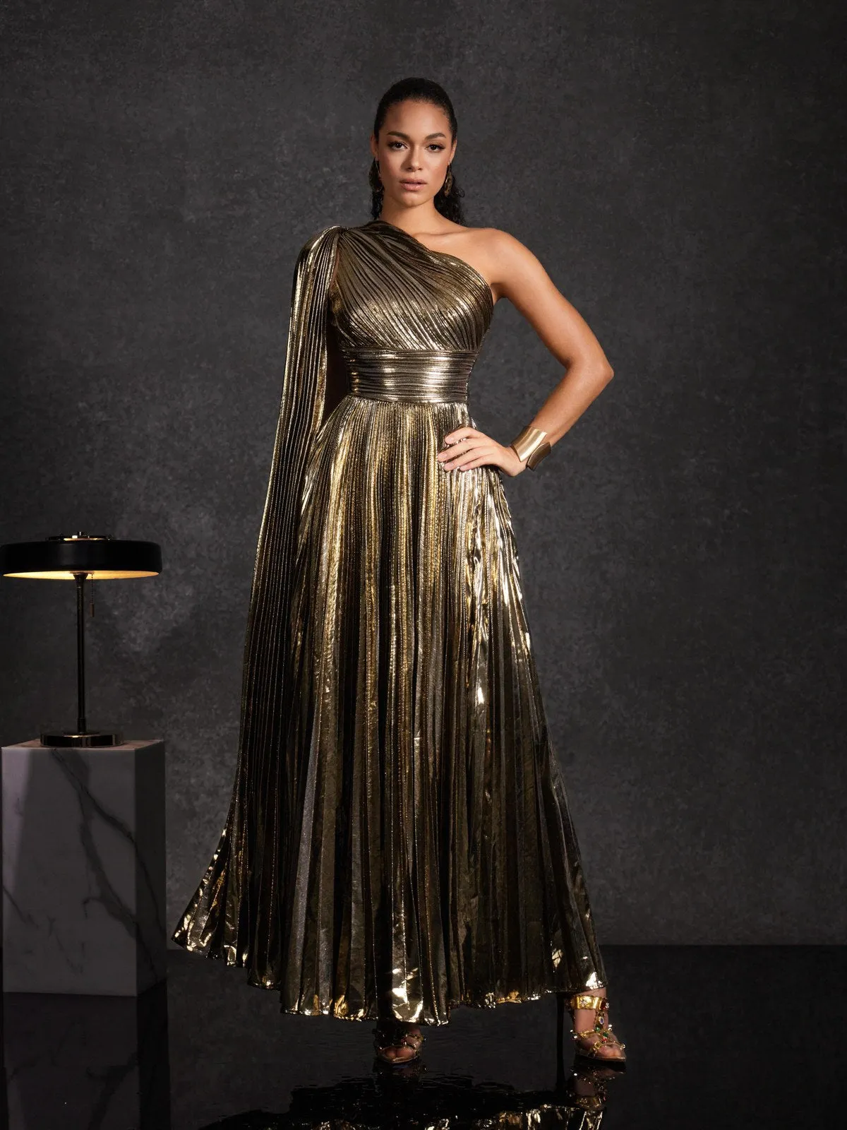 Kaleen One Shoulder Pleated Metallic Dress sold by Mew Mews product image thumbnail 3