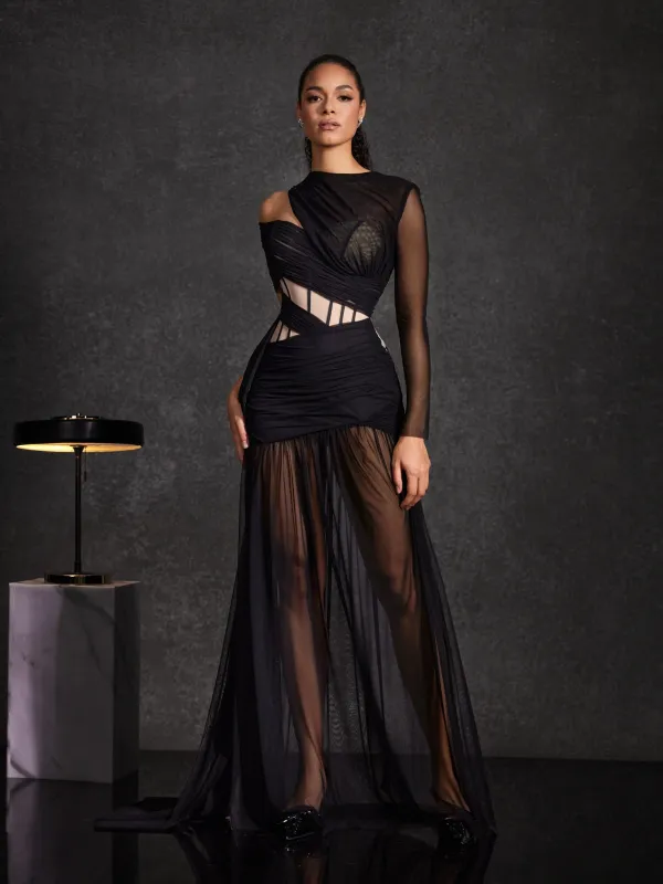 Malati Corset Cutout Mesh Maxi Dress In Black sold by Mew Mews