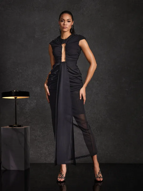 Drosyne Cutout Ruched Draped Maxi Dress In Black sold by Mew Mews