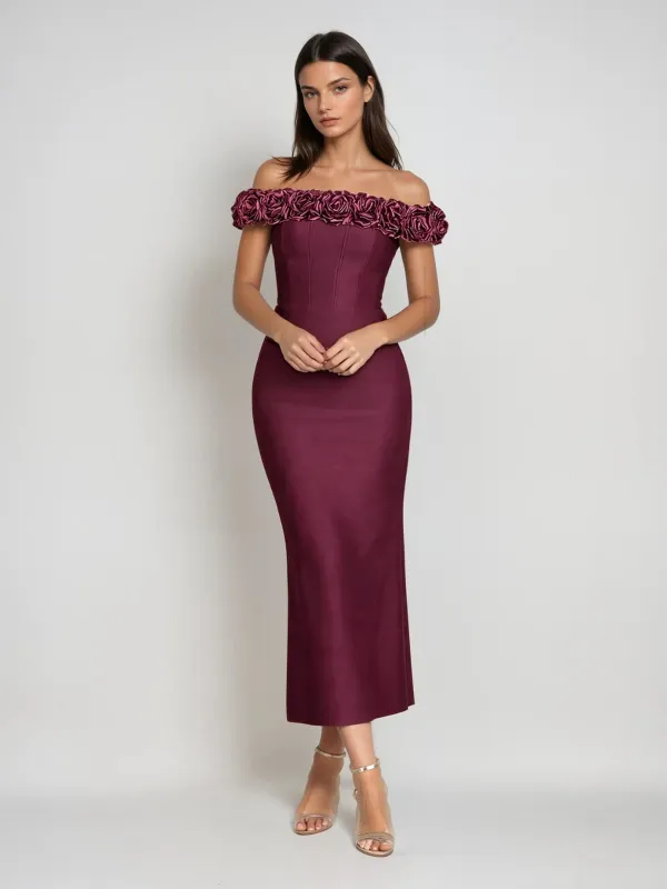 Gryxel Off Shoulder Flower Bandage Midi Dress sold by Mew Mews