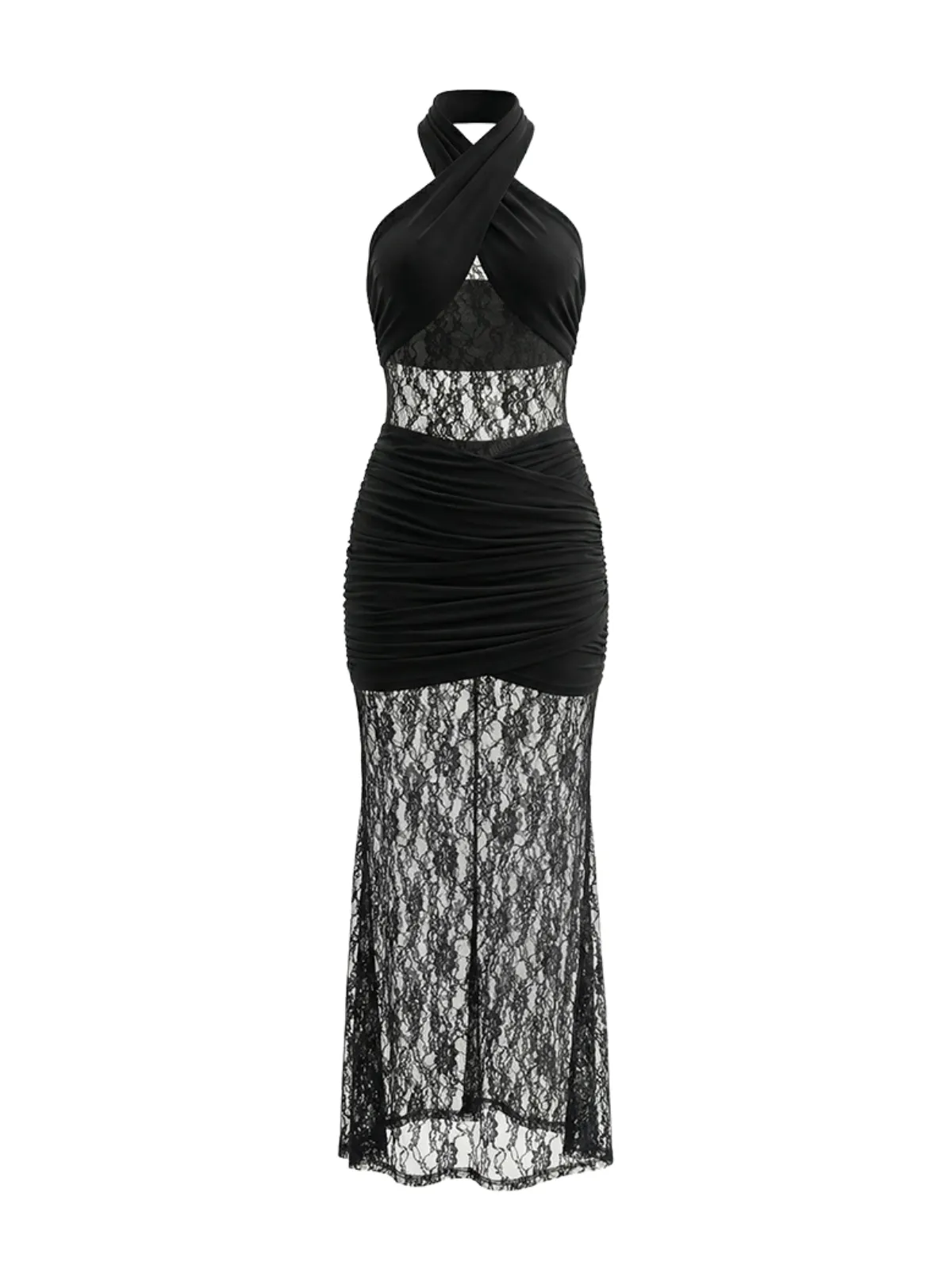 Oxelra Halterneck Lace Ruched Maxi Dress sold by Mew Mews product image thumbnail 4