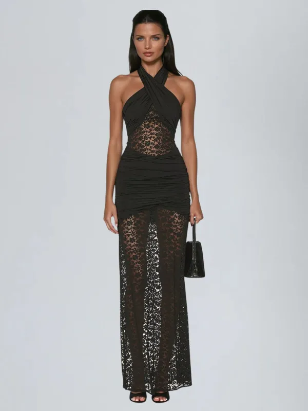 Oxelra Halterneck Lace Ruched Maxi Dress sold by Mew Mews