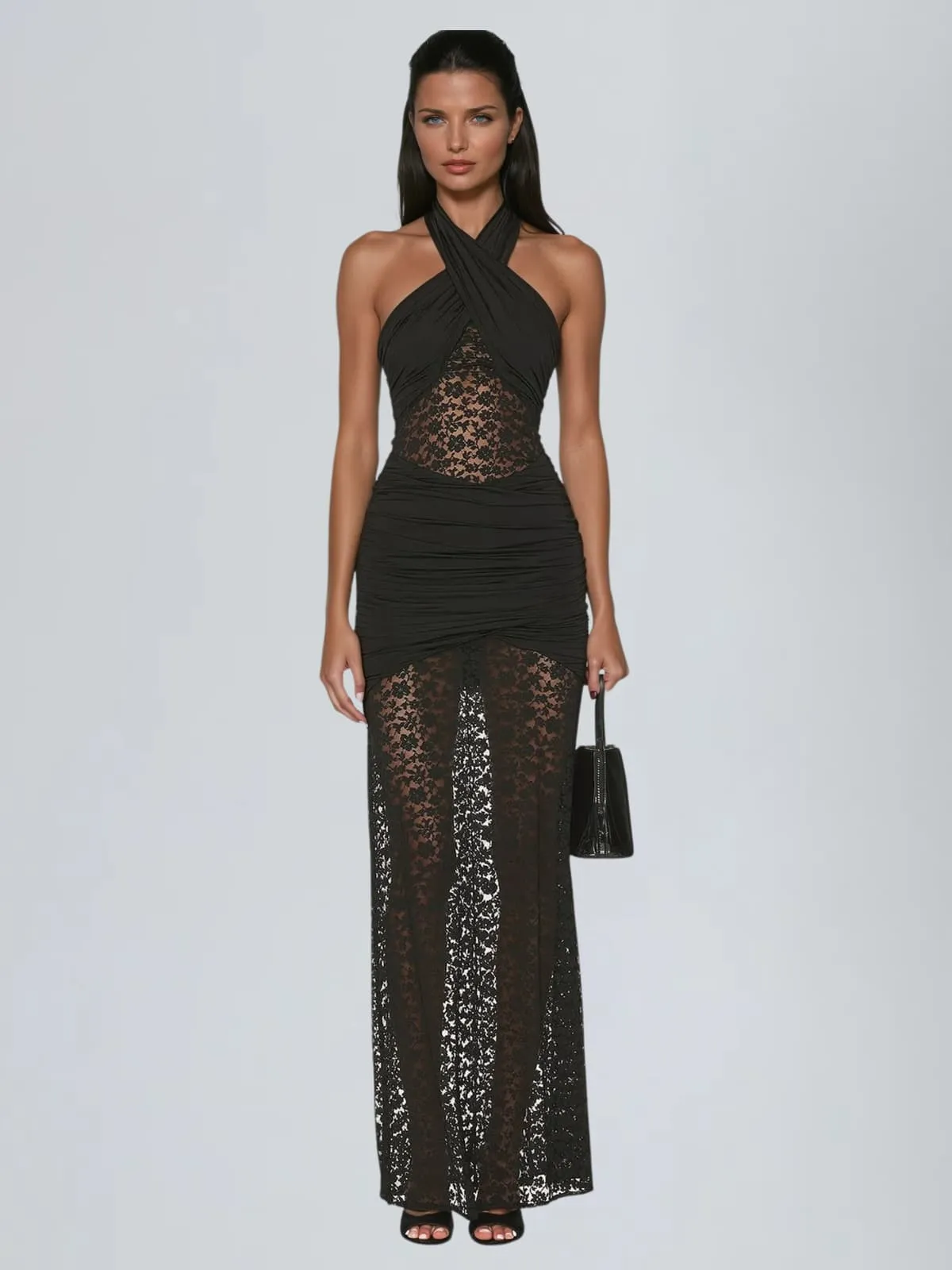 Oxelra Halterneck Lace Ruched Maxi Dress sold by Mew Mews