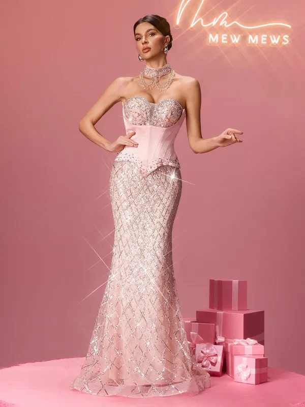 Flip Strapless Corset Rhinestone Sequin Maxi Dress sold by Mew Mews