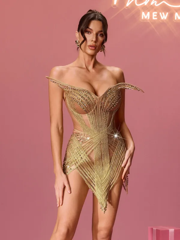 Javex Strapless Lace Up Rhinestone Mini Dress made by Mew Mews