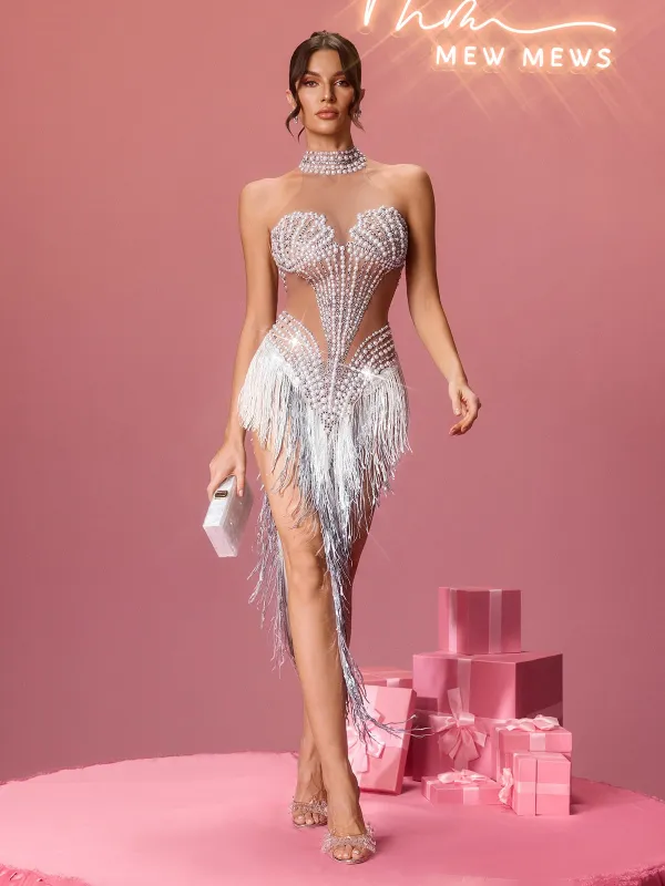 Aelvex Pearl Fringe Sequin Mini Dress sold by Mew Mews