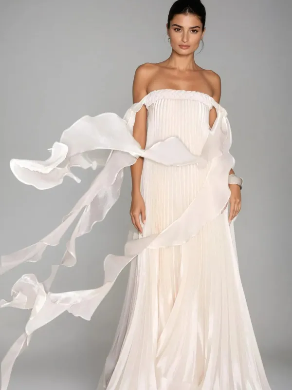 Gyron Off Shoulder Pleated Maxi Dress sold by Mew Mews