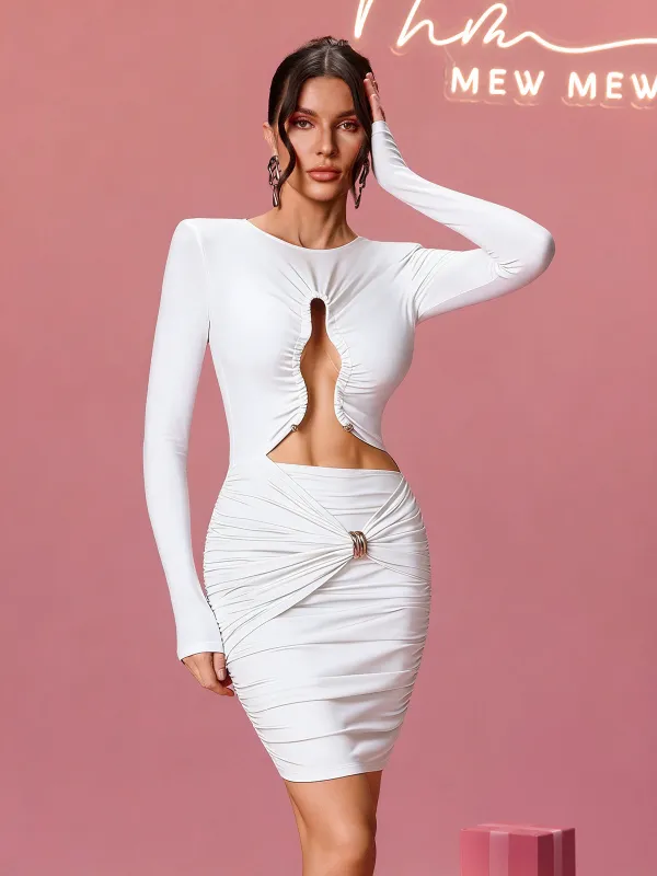 Alcuin Long Sleeve Cutout Mini Dress In White sold by Mew Mews