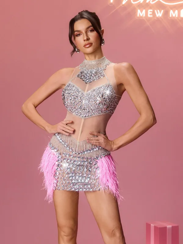 Pyxora Rhinestone Crystal Fringe Mini Dress sold by Mew Mews