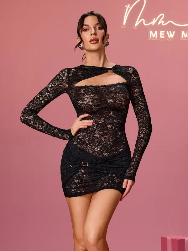 Eustace Long Sleeve Lace Bodysuit Set In Black sold by Mew Mews
