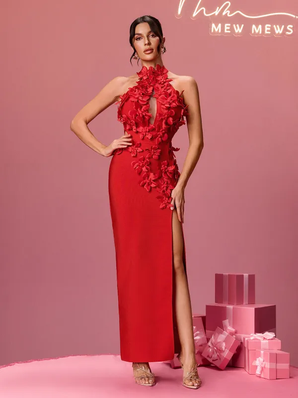 Alexei Halterneck Flower Bandage Dress In Red sold by Mew Mews
