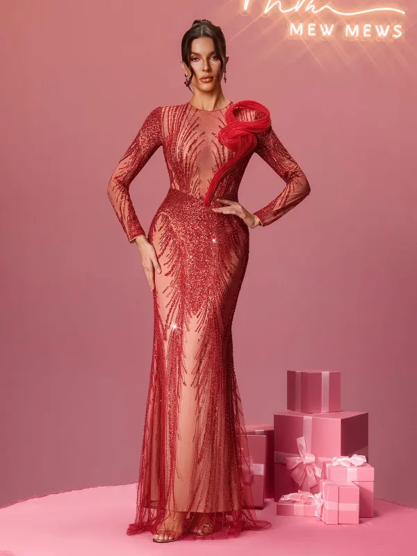 Minkowska Long Sleeve Rhinestone Maxi Dress sold by Mew Mews