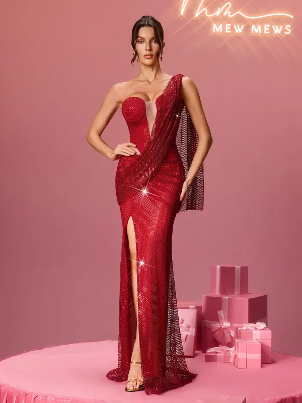 Walyx Rhinestone Mesh Split Maxi Dress sold by Mew Mews