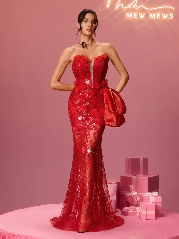 Tyxora Strapless Sequin Flower Maxi Dress made by Mew Mews