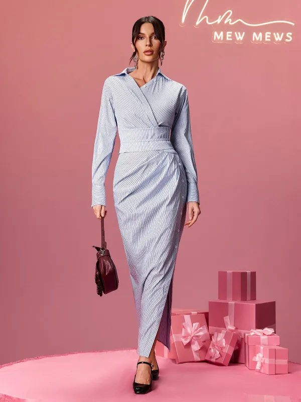 Ulythra Folded Collar Stripe Split Shirt Maxi Dress sold by Mew Mews