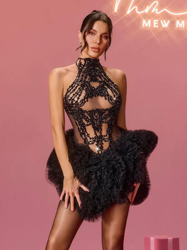 Lunexra High Neck Rhinestone Tulle Mini Dress sold by Mew Mews