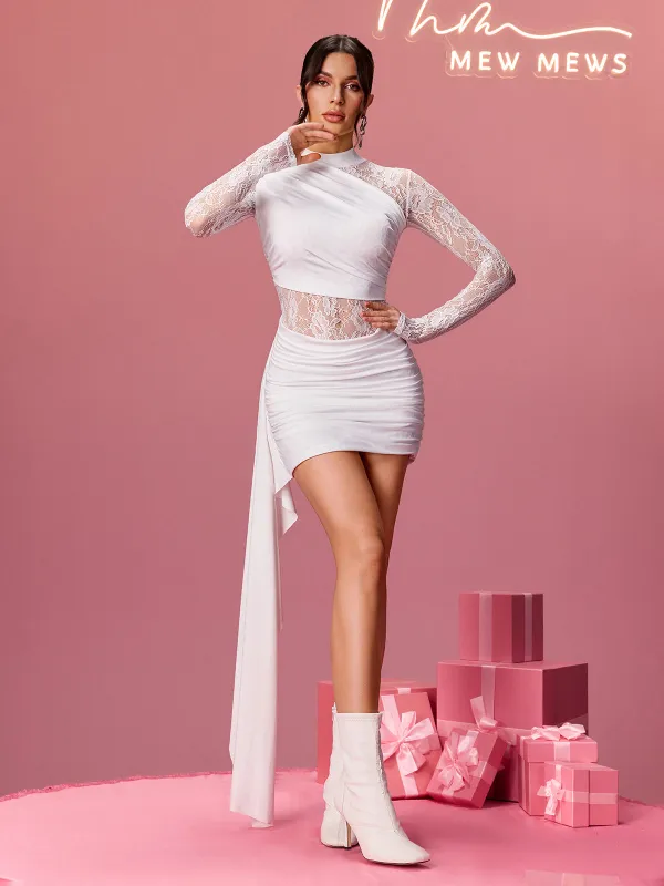 Alecia Long Sleeve Lace Draped Mini Dress sold by Mew Mews