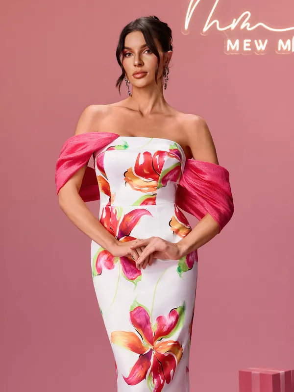 Aldrich Off Shoulder Floral Satin Midi Dress made by Mew Mews