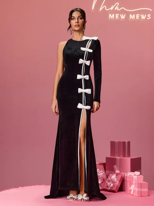 Aldith One Shoulder Bow Velvet Dress made by Mew Mews