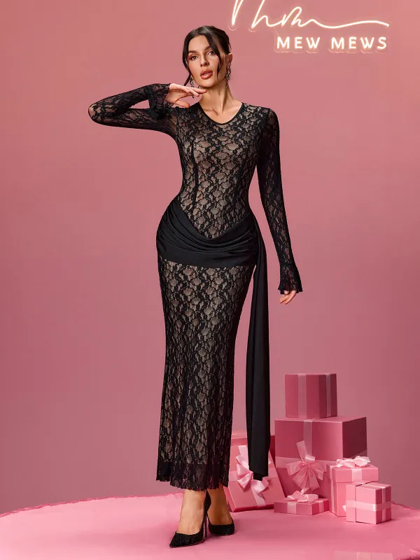 Alcides Flare Sleeve Lace Draped Maxi Dress made by Mew Mews