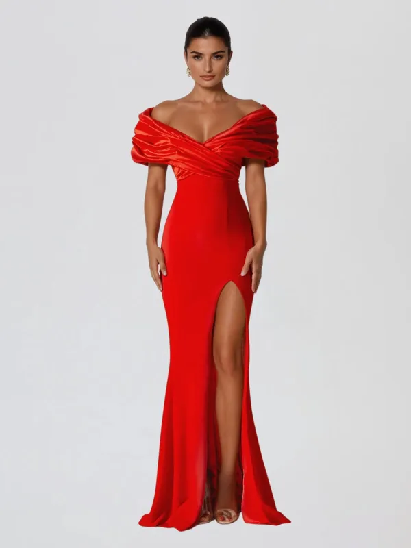 Gryxora Off Shoulder Split Maxi Dress sold by Mew Mews