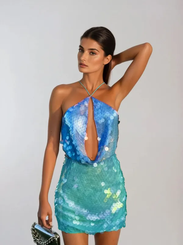Jitterix Halterneck Cutout Sequin Mini Dress sold by Mew Mews