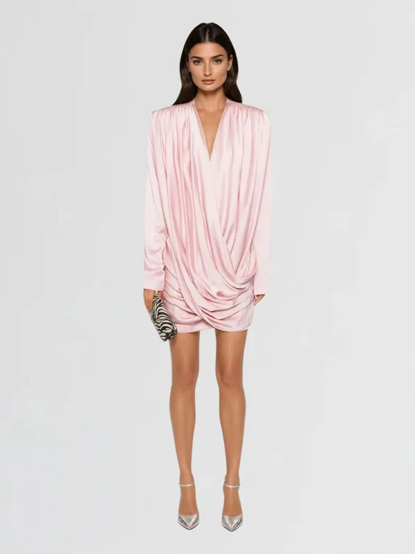 Jounceor V Neck Satin Ruched Mini Dress made by Mew Mews