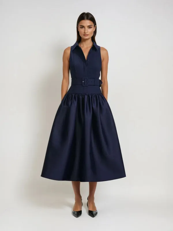 Jovisonic Folded Collar Midi Dress With Belt made by Mew Mews