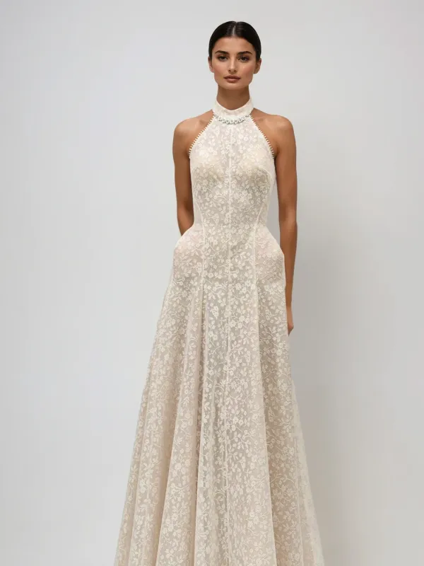 Myqora Halterneck Lace Embroidered Maxi Dress sold by Mew Mews