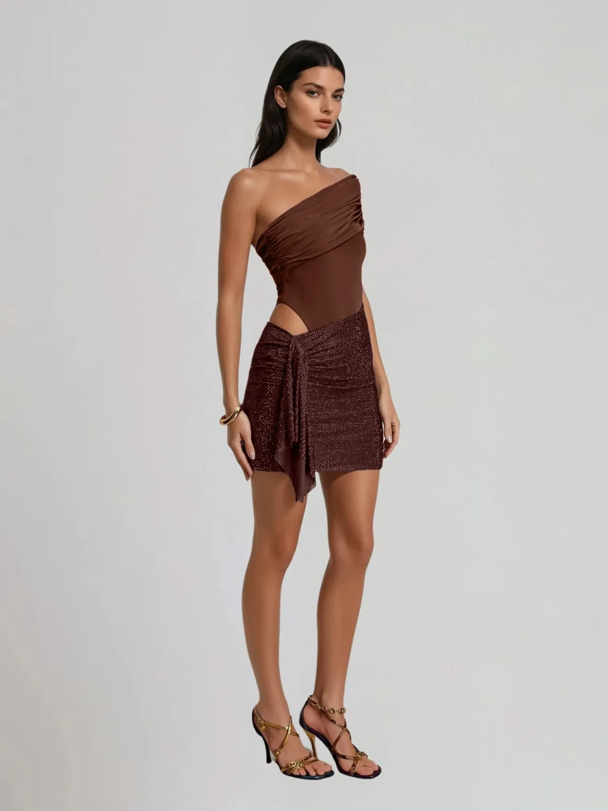 Yexvila One Shoulder Rhinestone Cutout Mini Dress sold by Mew Mews product image thumbnail 4