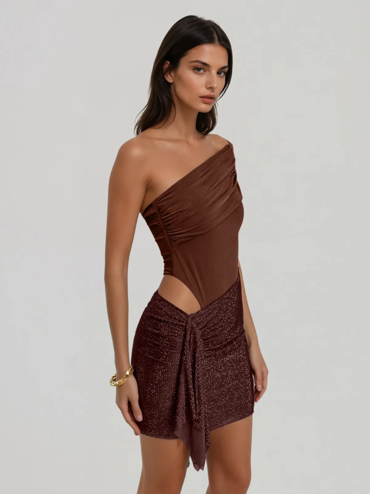 Yexvila One Shoulder Rhinestone Cutout Mini Dress sold by Mew Mews product image thumbnail 5