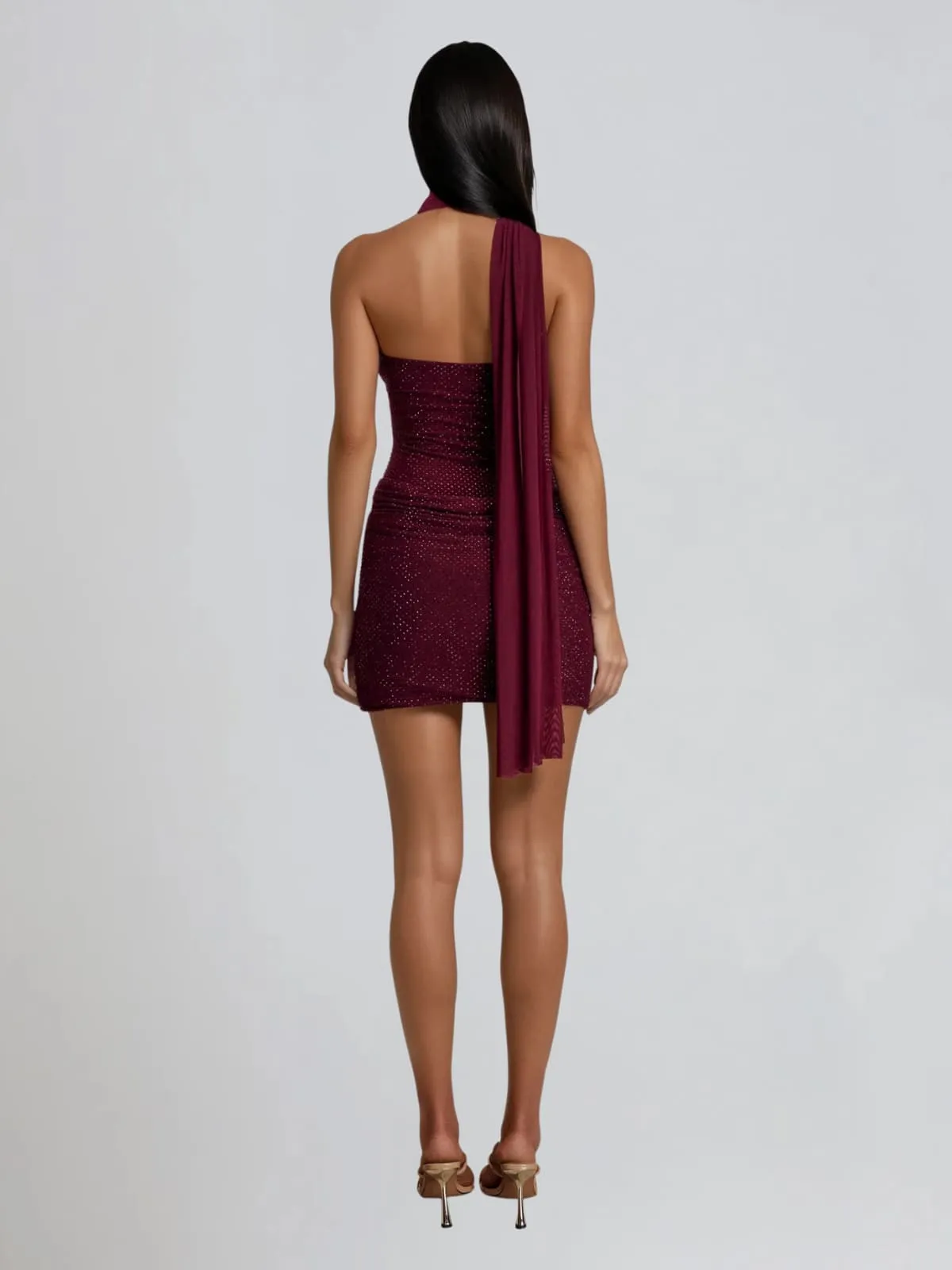 Hovrix Scarf Rhinestone Ruched Mini Dress In Wine sold by Mew Mews product image thumbnail 4