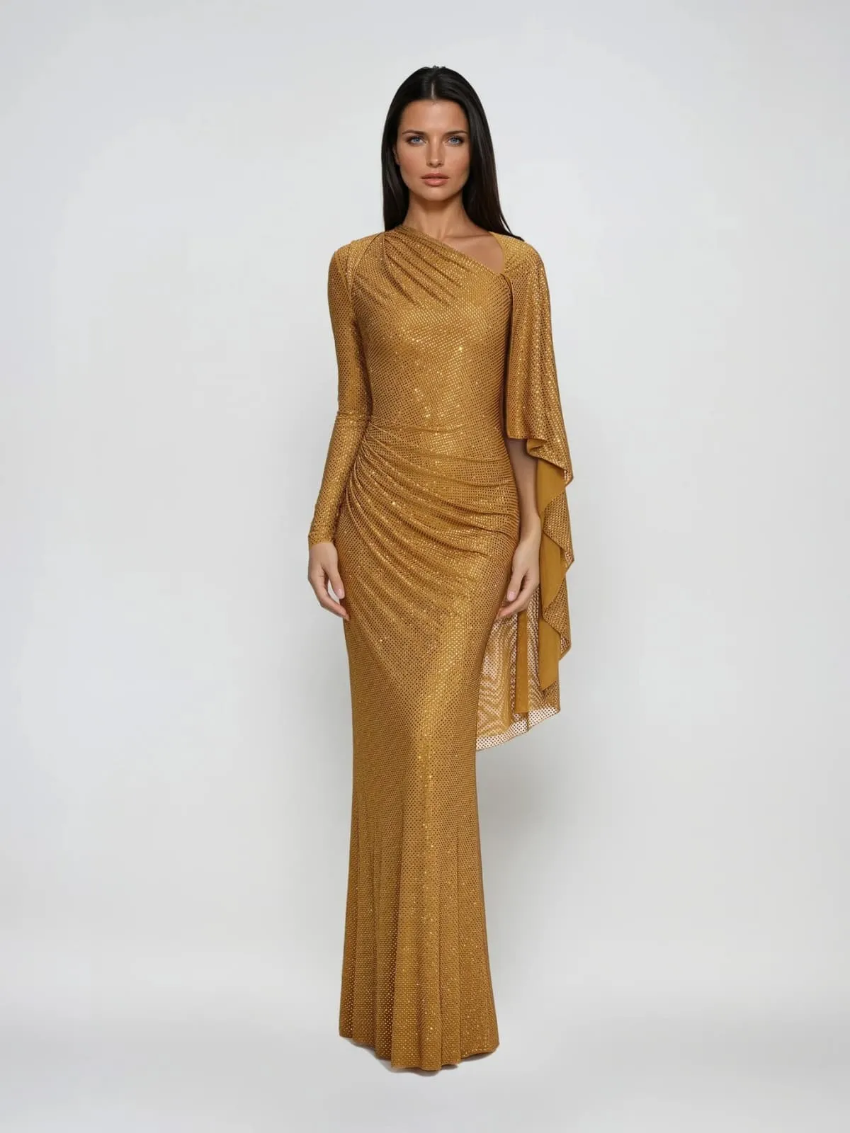 Rynvila Cape Rhinestone Maxi Dress sold by Mew Mews