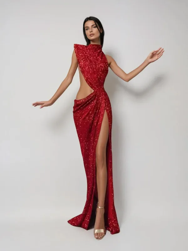 Delyxa Cutout Sequin Split Maxi Dress made by Mew Mews