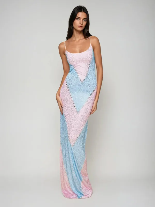 Velyqen Spaghetti Rhinestone Maxi Dress In Pink sold by Mew Mews