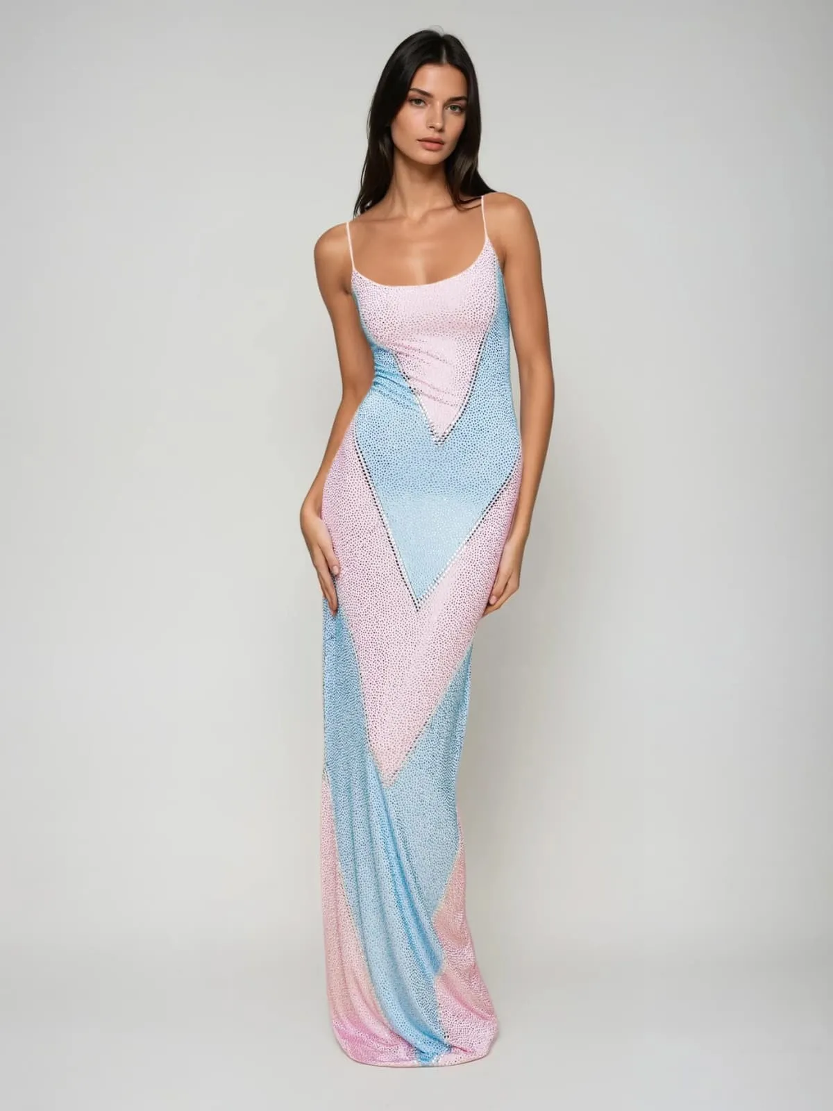 Velyqen Spaghetti Rhinestone Maxi Dress In Pink sold by Mew Mews