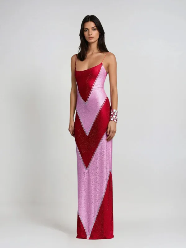 Velyqen Spaghetti Rhinestone Maxi Dress In Red sold by Mew Mews