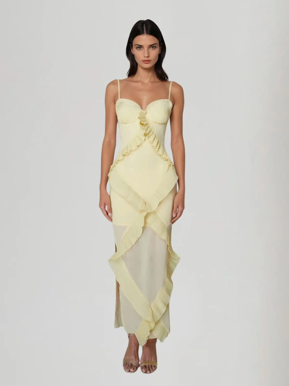 Tynqor Spaghetti Ruffle Split Maxi Dress sold by Mew Mews