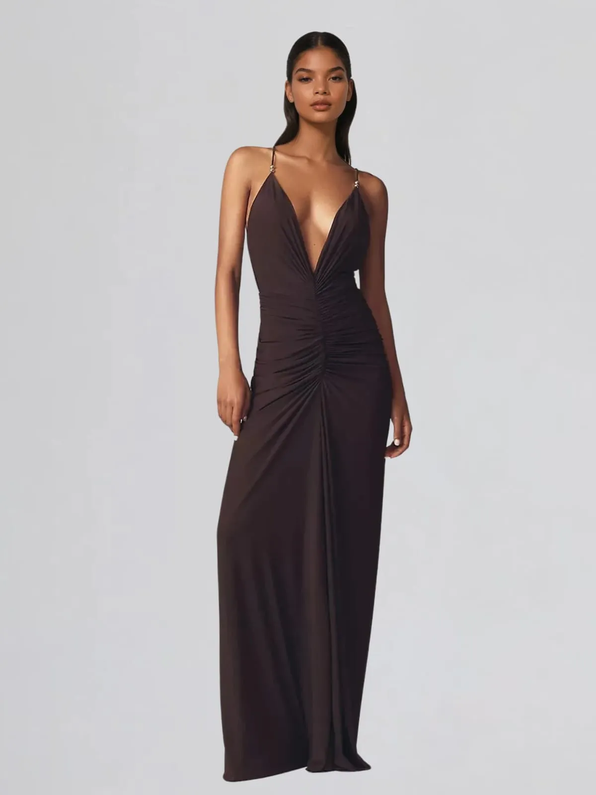 Ilyvila Plunge Neck Ruched Maxi Dress sold by Mew Mews