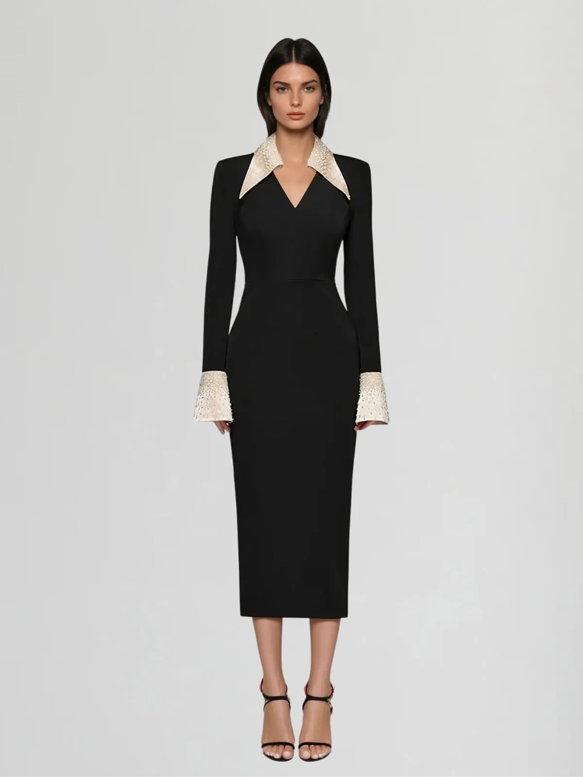 Voryqen V Neck Rhinestone Midi Dress sold by Mew Mews