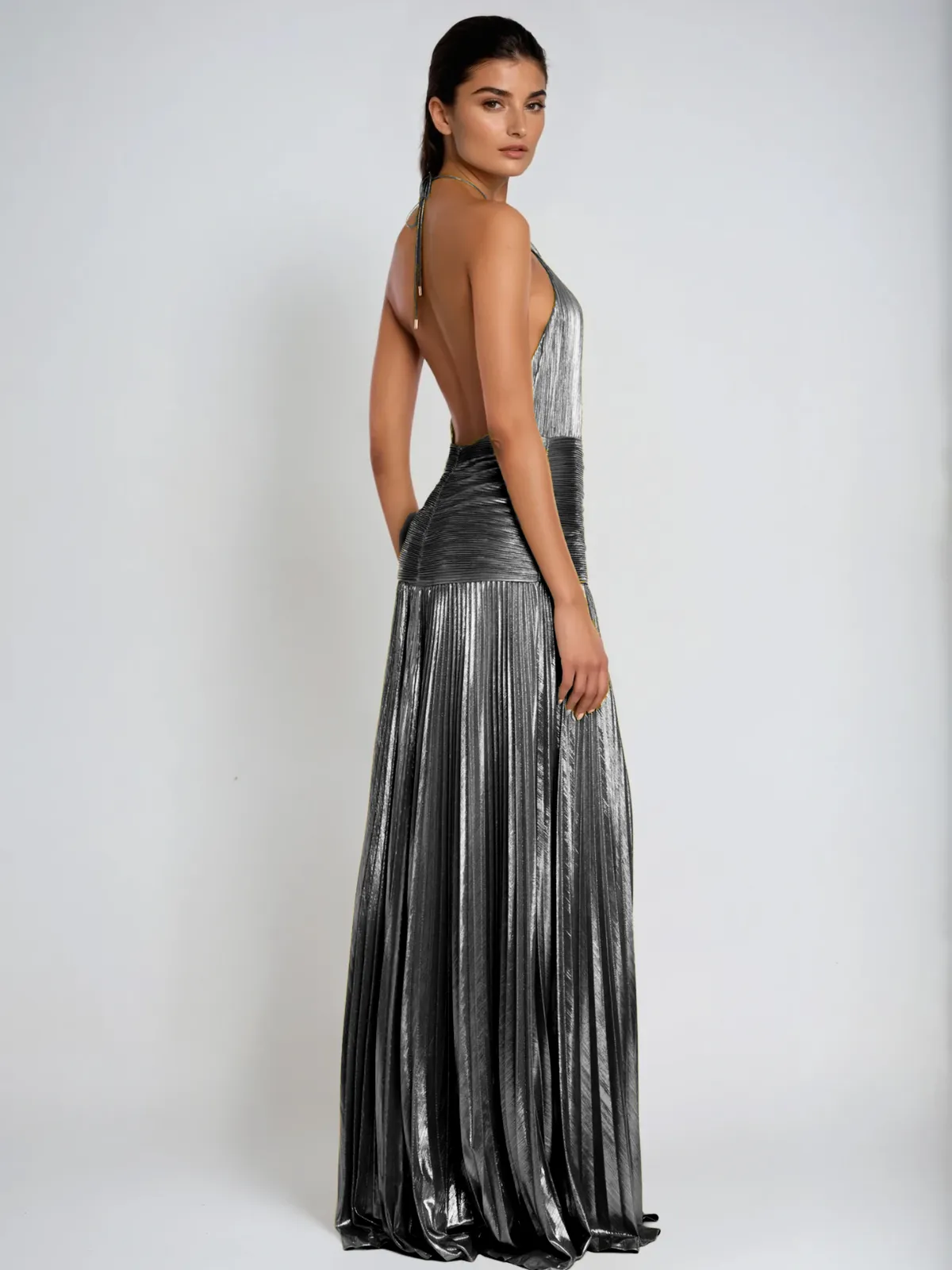 Syriona Halterneck Split Pleated Metallic Maxi Dress In Silver sold by Mew Mews product image thumbnail 3