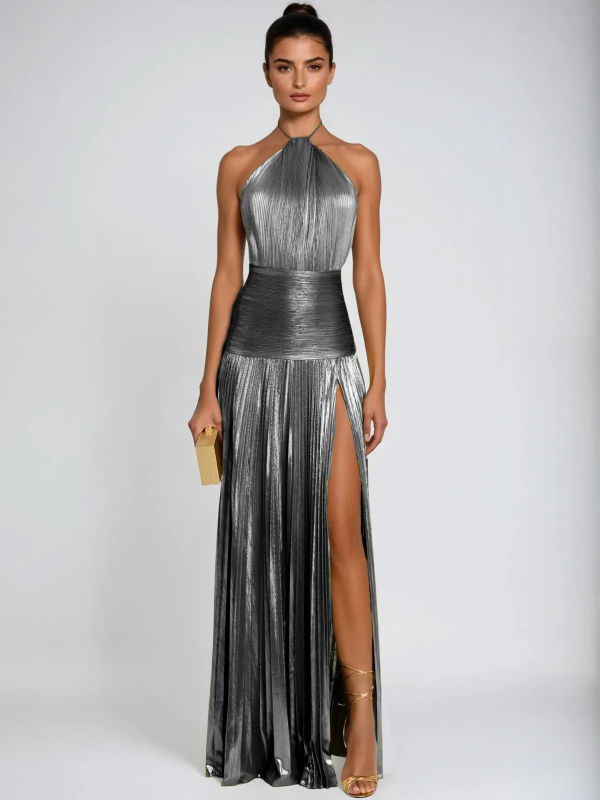 Syriona Halterneck Split Pleated Metallic Maxi Dress In Silver sold by Mew Mews product image thumbnail 2