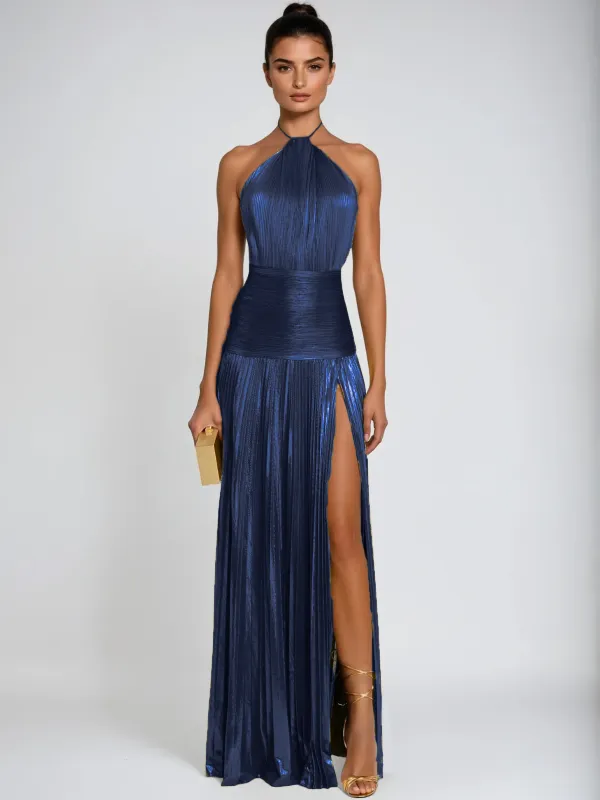 Syriona Halterneck Split Pleated Metallic Maxi Dress In Navy sold by Mew Mews