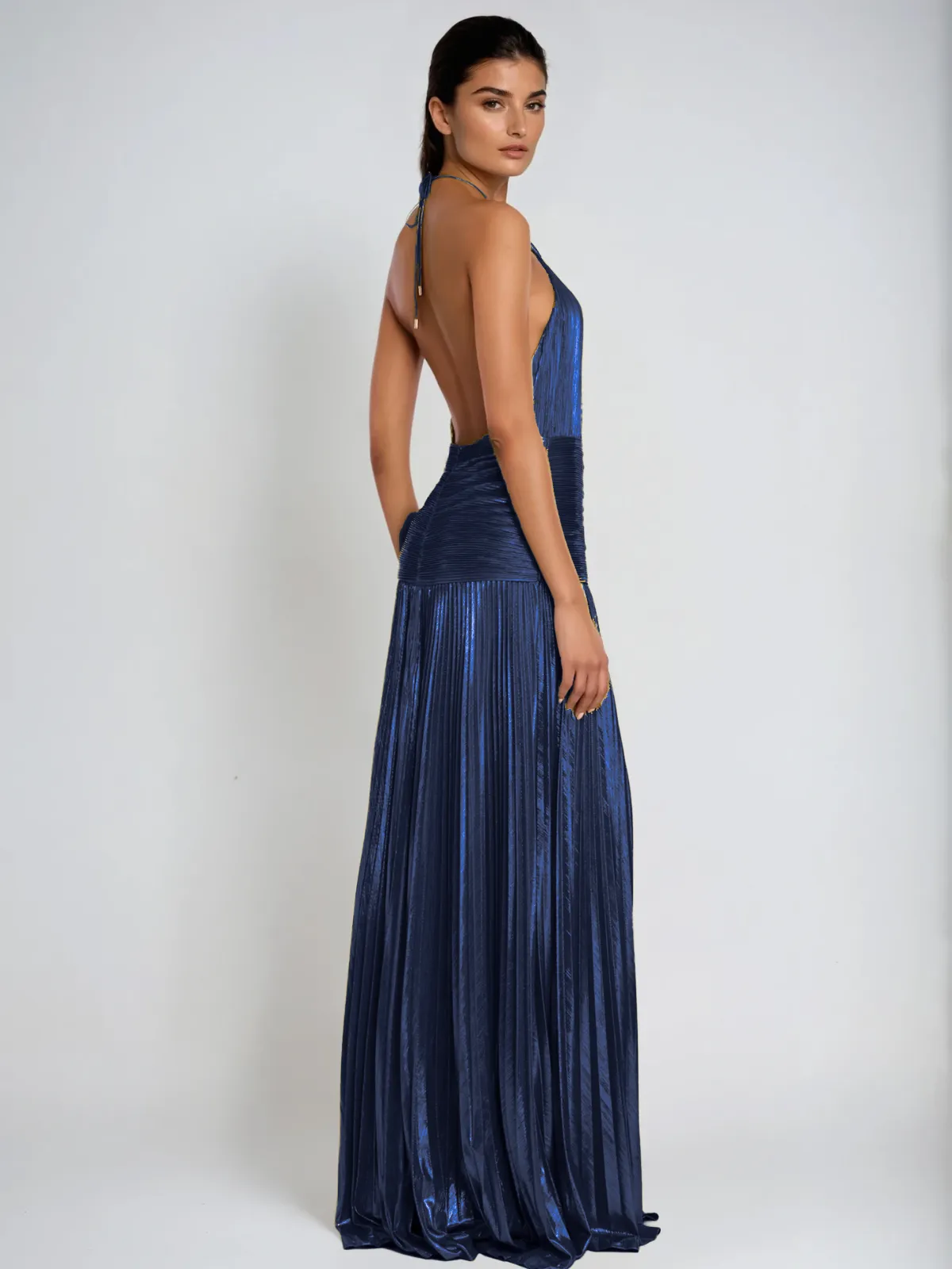 Syriona Halterneck Split Pleated Metallic Maxi Dress In Navy sold by Mew Mews product image thumbnail 3